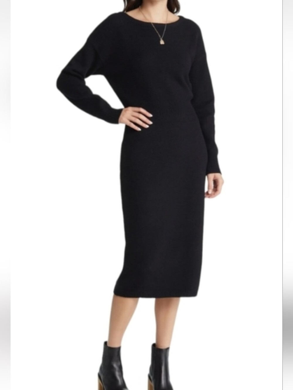 Treasure & Bond Black Wool Blend Long Sleeve Midi Sweater Dress Size M